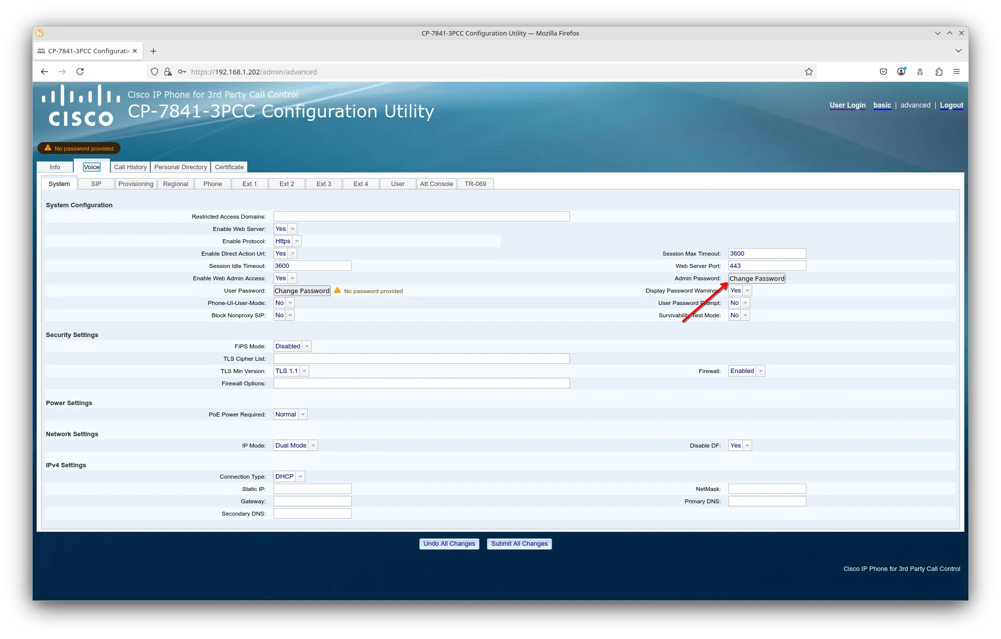 Cisco configuration utility with instructions on changing the admin password